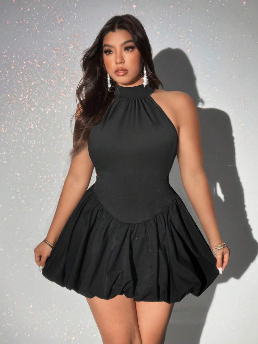 Viva Relle Plus Size Women Elegant Romantic Bodycon Sleeveless Halter Neck Ruffle Dress - Black - View 1