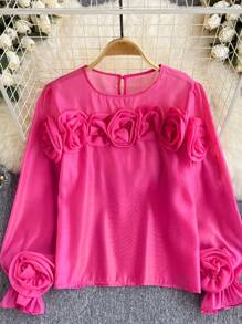 SHEIN Unity Plus Size Elegant Solid Color 3D Floral Decor Lantern Sleeve Blouse - Hot Pink - View 5