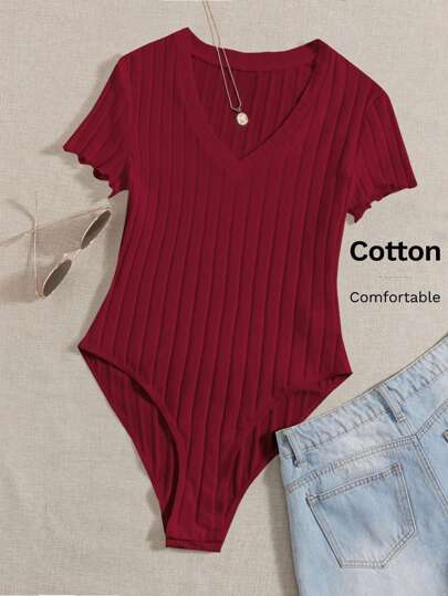 SHEIN EZwear Solid Ribbed Knit V Neck Bodysuit For Summer