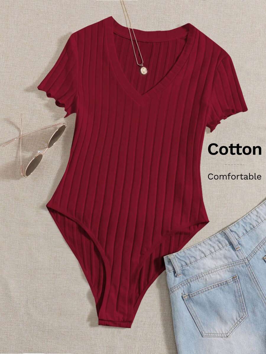 SHEIN EZwear Solid Ribbed Knit V Neck Bodysuit For Summer - Burgundy - View 1