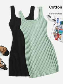 SHEIN EZwear 2pcs Solid Ribbed Knit Tank Dress - Multicolor - View 6