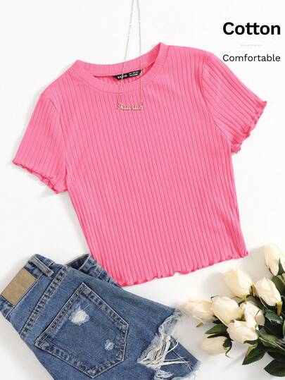 SHEIN EZwear Solid Lettuce Trim Rib-knit Tee