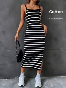 SHEIN EZwear Summer Striped Split Thigh Cami Dress