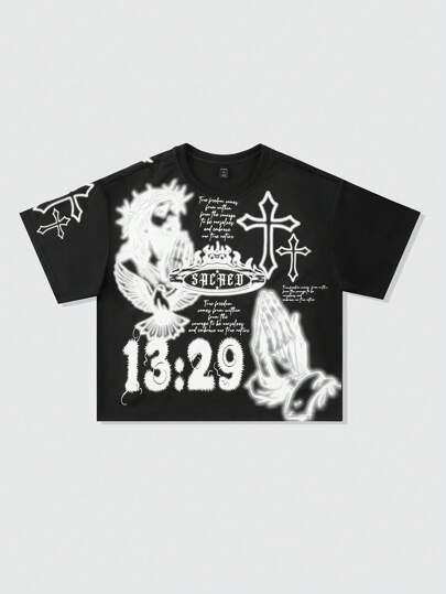 Goth Camiseta holgada de corta longitud con estampado, estilo vintage de calle para hombre