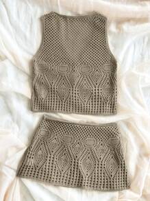 SHEIN Unity Lässiges/Urlaubsmäßiges 2-teiliges Set aus Cut Out gestrickter Weste und Rock - Khaki - Übersicht 2