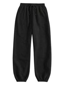 SHEIN BASICS Pantalones largos de punto holgados con bolsillo de unicolor para mujer, estilo deportivo casual