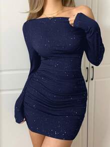 CovetEZ 女士新款不对称肩部褶饰迷你连衣裙 - 藏蓝色 - 查看 4