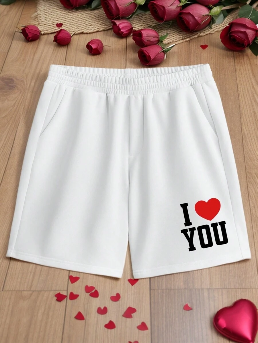 Manfinity VCAY Unisex Casual Knit Shorts With "I Love You" Letter And Heart Embroidery, Elastic Waist Straight Leg - White - View 1