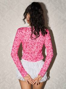 SHEIN EZwear Pink Valentine's Day Ribbon Long Sleeve Top - Pink - View 2