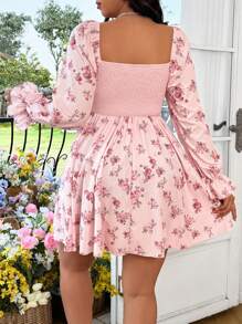 Sunnyshic Women Sweetheart Collar Front Tie Waist Floral Dress, Long Sleeve - Pink - View 2