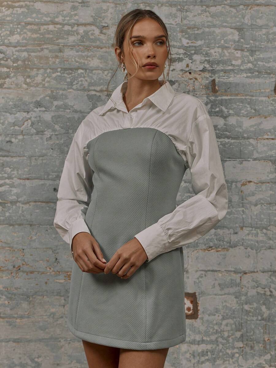 MUSERA A-Line Long Sleeve Cuffed Shirt Collar Mini Dress Elegant Spring Summer Vacation - Multicolor - View 1