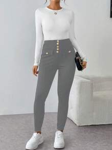 Chiquease Pantalones casuales sencillos y ajustados de unicolor con bolsillo y botones frontales para mujer