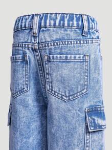 Girls' Distressed High Waist Multiple Pockets Loose Fit Straight Leg Casual Cargo Jeans - Medium Wash - View 5