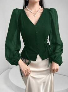 Heiryn Women's Elegant Emerald Green Blouse With Sheer Puff Lantern Sleeves And Lace-Up Detail - Dark Green - View 3