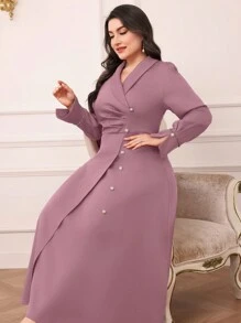 Modelyn Plus Size Women Solid Color Pleated Ruffle V-Neck Long Sleeve Dress - Pink - View 6