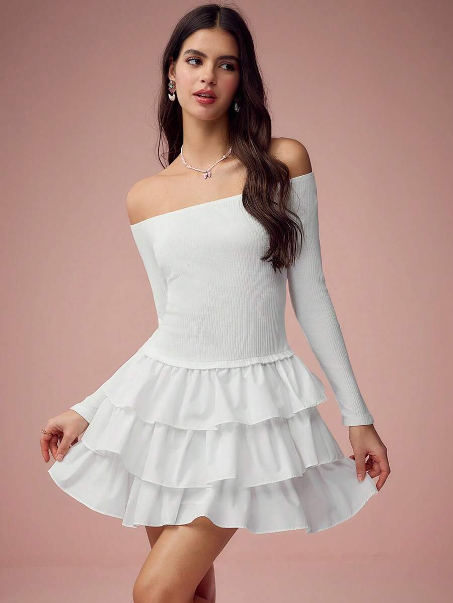 Enchnt Women's Off Shoulder Long Sleeve Ruffle Hem Solid Color Fashion Dress - White - View 1