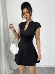 Chiquease Đầm ngắn thường ngày cổ chữ V màu trơn cho nữ tay ngắn - màu đen - Xem 4