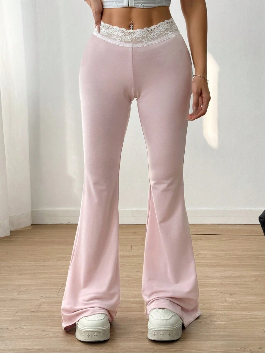 SHEIN EZwear Lace Patchwork Low Waist Flare Pants With Ballet Style