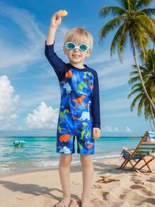 SHEIN Enterizo de manga larga con estampado de dinosaurio y bloques de color en diseño lindo de dinosaurio para niños pequeños, traje de baño para playa y surf, para primavera/verano