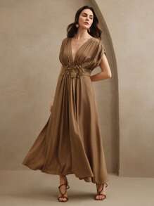 Anewsta 优雅腰部花卉装饰收腰褶皱设计连衣裙，适合度假、海滩、节日、波西米亚风外出度假等场合，女士必备。 - 咖啡棕 - 查看 7