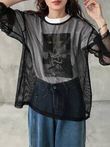 FRIFUL Camiseta holgada de mujer de malla transparente negra, top de capa para primavera/verano
