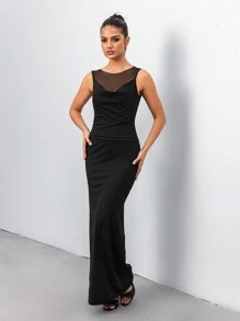 Chiquease 女士小立领无袖网眼垂坠领紧身衣搭配高腰鱼尾下摆长裙套装 - 黑色 - 查看 6