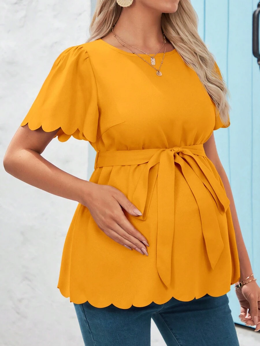 SHEIN Casual Maternity Top With Flared Short Sleeves And Ruffle Hem - Ginger - View 1
