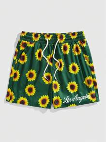 ROMWE MEN Men's Drawstring Waist Sunflower Print Casual Shorts, Vacation - Multicolor - View 1