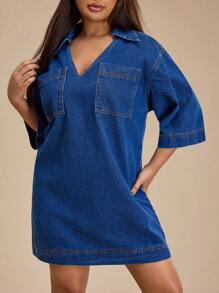 Forever 21 春季新款翻领V领中袖宽松H型洗水牛仔大码女式迷你休闲连衣裙 - 藍色 - 查看 6