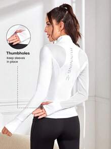 Easithlete Letter Graphic Thumbholes Zip Up Sports Jacket Light Jacket