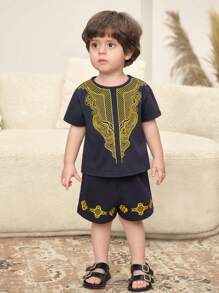 SHEIN 2pcs/Set Baby Boys Casual Traditional Pattern Round Neck Short Sleeve Top & Pants & Hat Set, Suitable For Spring/Summer Home, Outing, Party Wear - Royal Blue - View 6
