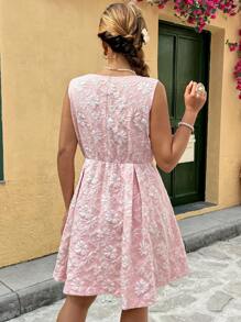 Flirla 大码女式波西米亚风方领褶皱腰纹理连衣裙，适合夏季 - 粉色 - 查看 2