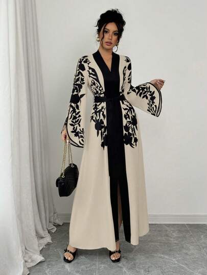 Selianne 1件装女士纯色拼接长袖印花简约长款休闲连衣裙 Maxi 女装