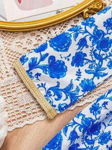 SHEIN Young Girl Eid Mubarak Blue Floral Print, Golden Belt Patchwork V-Neck Cinched Waist Long Sleeve Dress, Suitable For Party, Banquet, Vacation In Summer