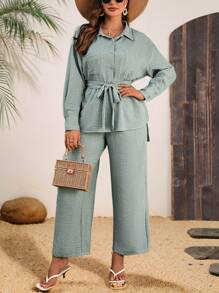 SHEIN LUNE 大码休闲纯色腰带、衬衫和直筒裤