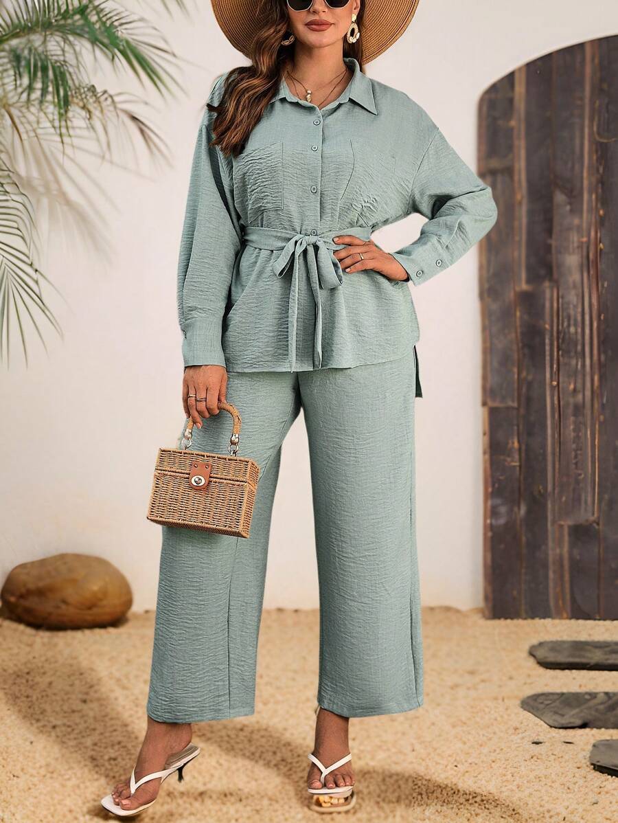 SHEIN LUNE 大码休闲纯色腰带、衬衫和直筒裤