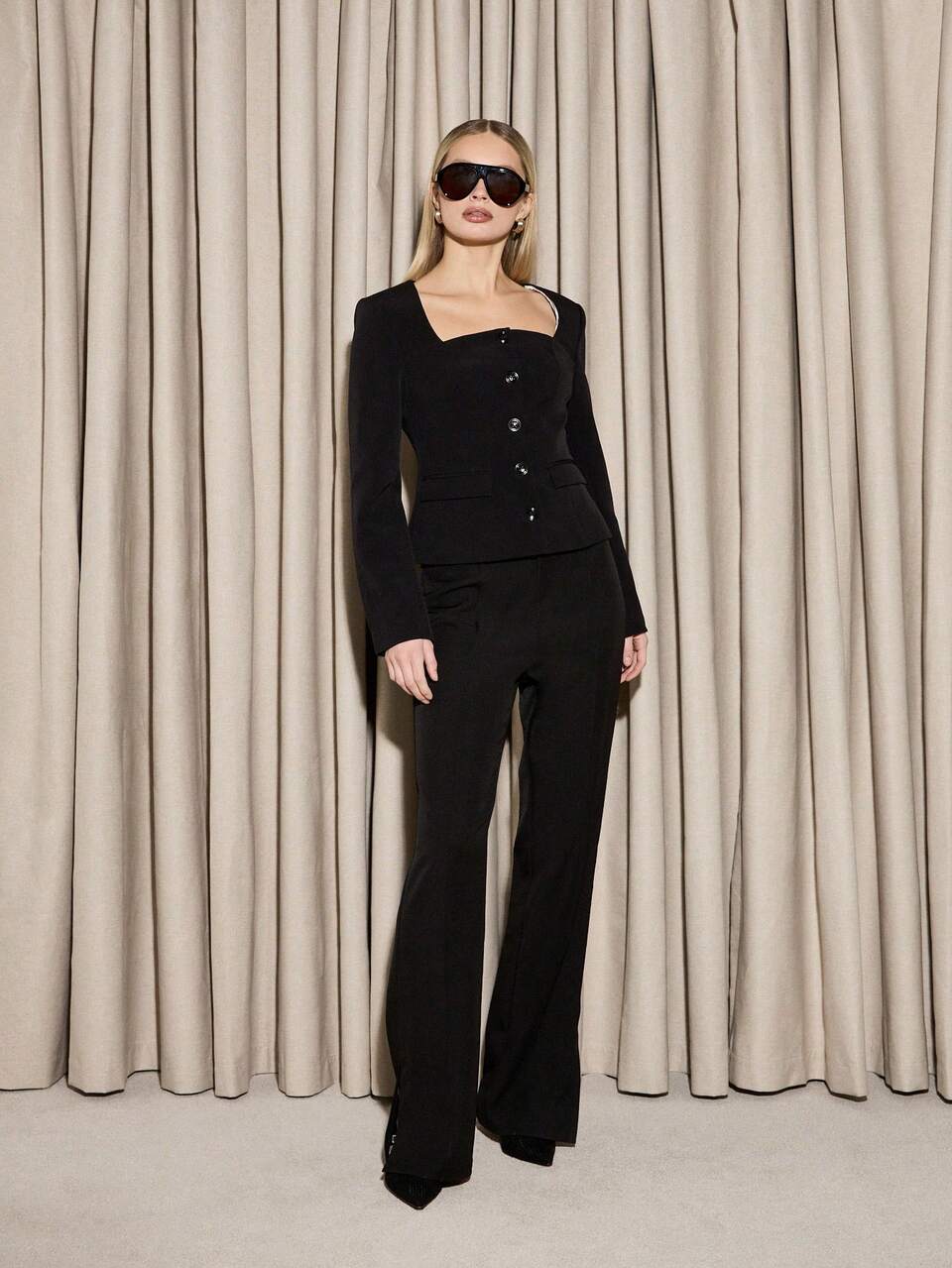 AiiRZ Professional Bandeau Fitted Blazer With Square Neckline Business Office Suit Jacket Elegant Tailored Work Wear Executive Formal Evening Outerwear