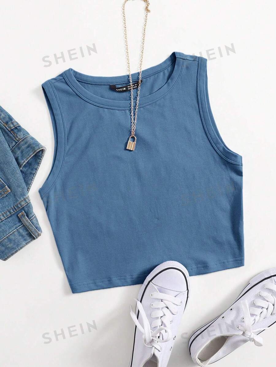 SHEIN EZwear Top tank corto unicolor - Neblina azul - Ver 1