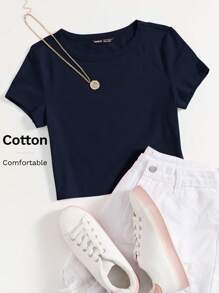 SHEIN EZwear 混色针织纯色 T 恤 - 藏蓝色 - 查看 6