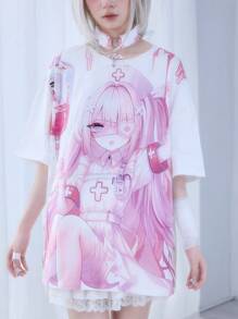ROMWE Anime Camiseta de manga corta de cuello redondo, corte holgado, con estampado de una chica yandere de anime y dibujos animados, color rosa