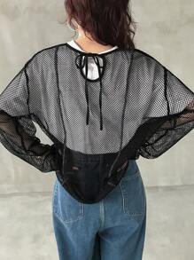 FRIFUL Camiseta holgada de mujer de malla transparente negra, top de capa para primavera/verano