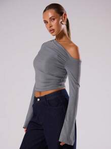 MUSERA Asymmetric Ruched Long Sleeve Crop Top Casual Summer Spring Summer Festival Boho Holiday - Grey - View 3