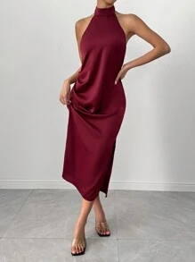 Chiquease Women's Solid Color Backless Draped Neck Elegant Maxi Dress - Burgundy - View 3