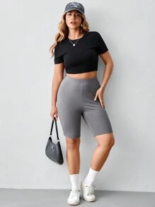 SHEIN BASICS Casual Solid Color Knitted Fitted Plus Size Shorts - Dark Grey - View 1