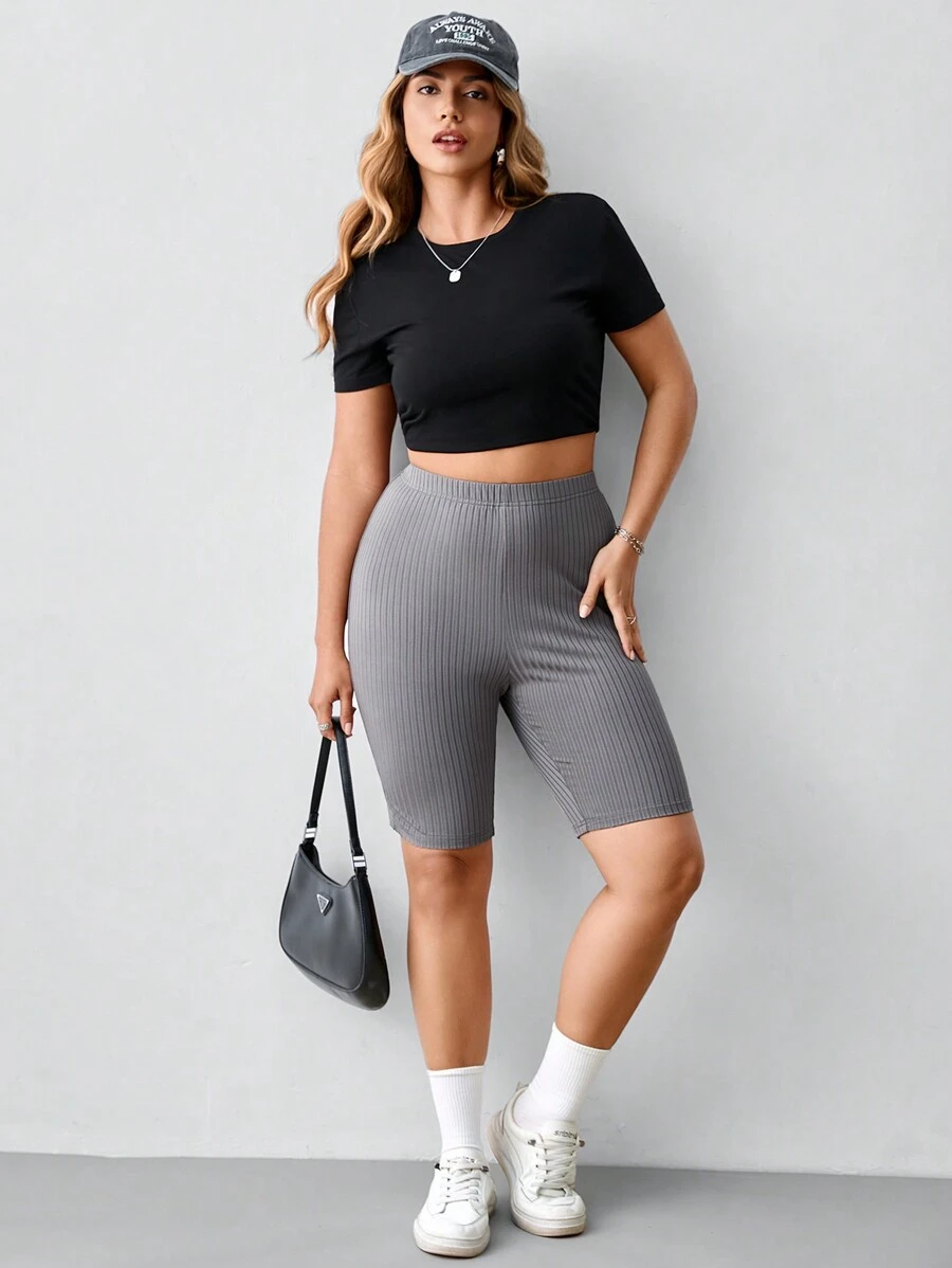 SHEIN BASICS Casual Solid Color Knitted Fitted Plus Size Shorts - Dark Grey - View 1
