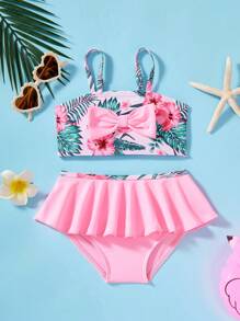 SHEIN Babygirl Cute Knitted Bow Strap Top & Shorts 2pcs Swimsuit Set, Summer
