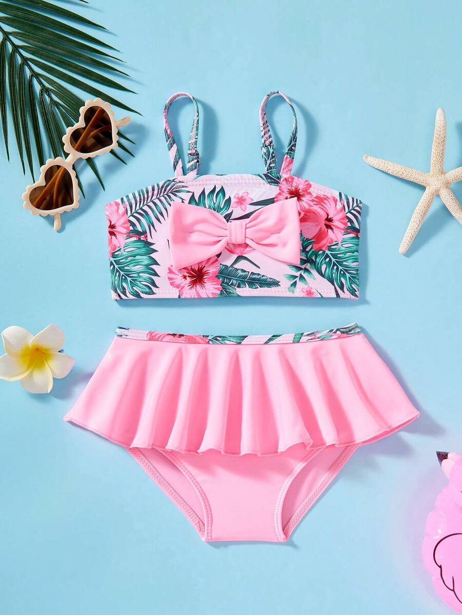 SHEIN Babygirl Cute Knitted Bow Strap Top & Shorts 2pcs Swimsuit Set, Summer