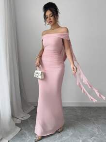 Elenzga Women's Elegant Solid Color Off Shoulder Mermaid Dress - Pink - View 6