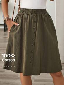 EMERY ROSE Linen Summer Women's Solid Color Simple Daily Button Decorated Skirt - Army Green - View 1
