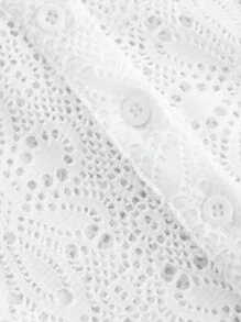 SHEIN MOD 女式白色钩针蕾丝长袖衬衫、度假上衣、镂空衬衫、白色衬衫、波西米亚风、女式沙滩罩衫、网眼、女式纽扣衬衫、波西米亚风女装 - 白色 - 查看 3